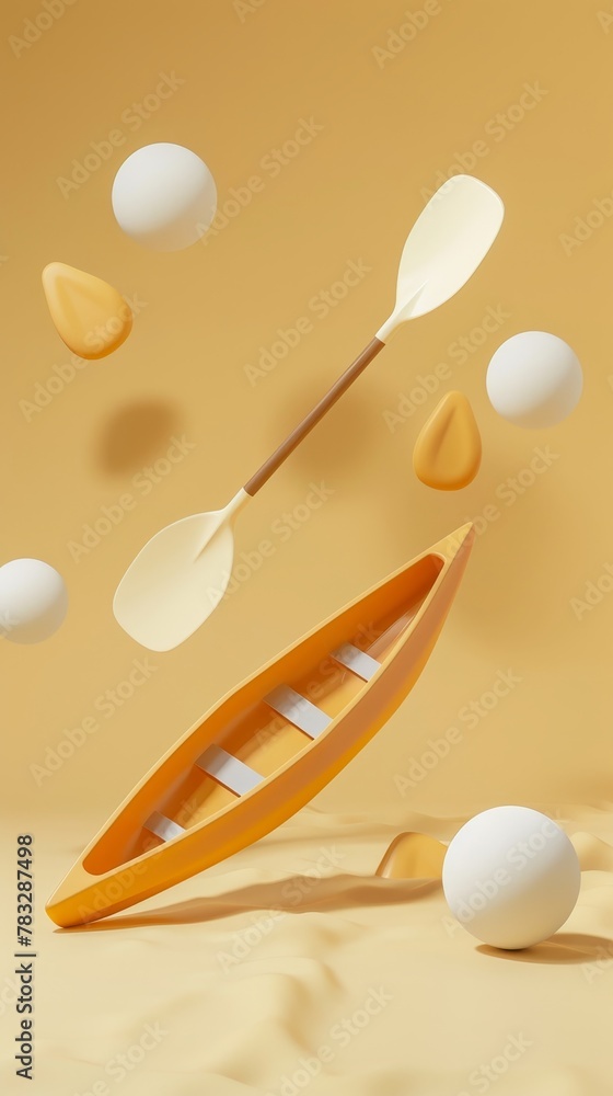 Poster canoe paddles and boats floating 3d style isolated flying objects memphis style 3d render ai generat