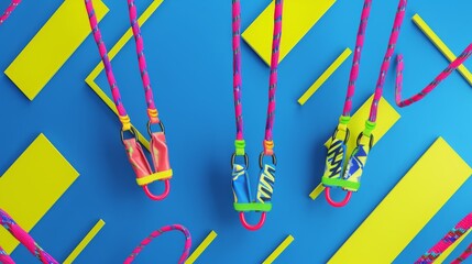 Bungee jumping ropes and harnesses in a geometric pattern 3D style isolated flying objects memphis style 3D render  AI generated illustration - obrazy, fototapety, plakaty