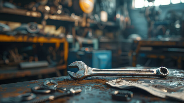 Wrench on a workbench in a workshop