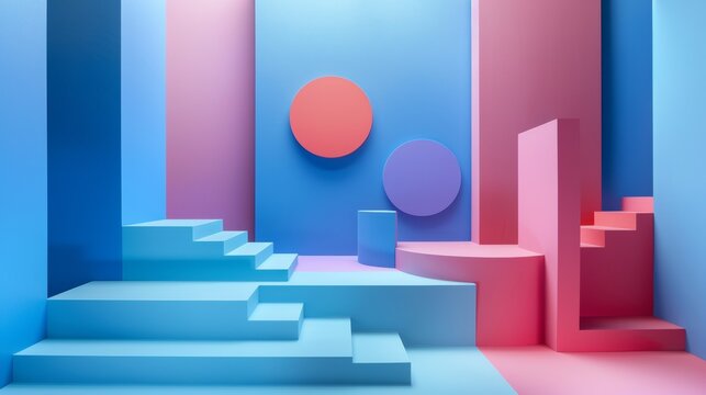 A colorful room with stairs and a large round object, AI