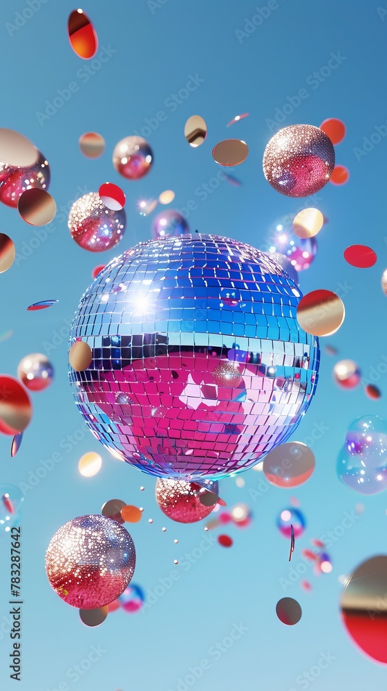 Poster colorful disco ball floating in the air 3d style isolated flying objects memphis style 3d render ai 