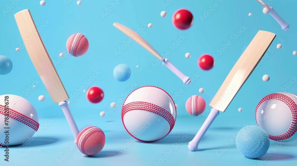Poster cricket bats and balls in a futuristic style 3d style isolated flying objects memphis style 3d rende