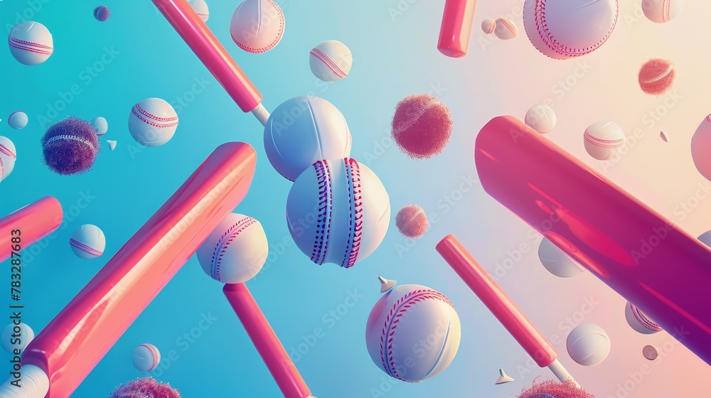 Poster cricket bats and balls in a futuristic style 3d style isolated flying objects memphis style 3d rende