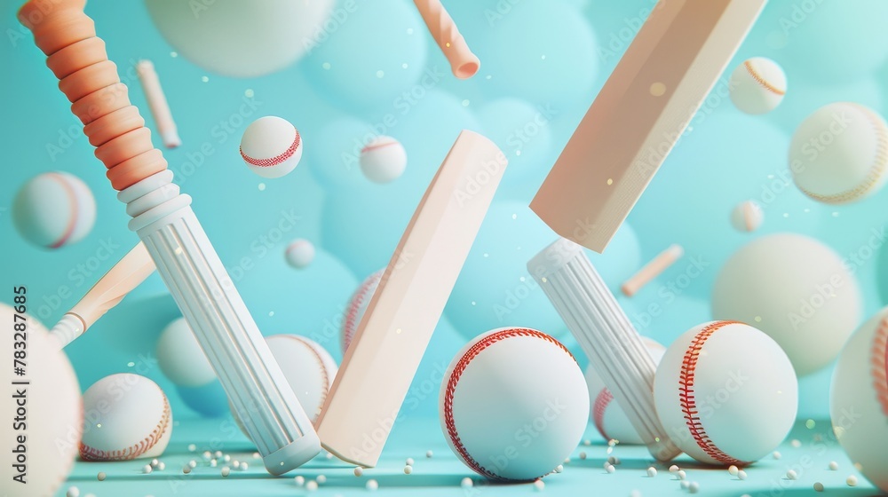 Poster cricket bats and balls in a futuristic style 3d style isolated flying objects memphis style 3d rende