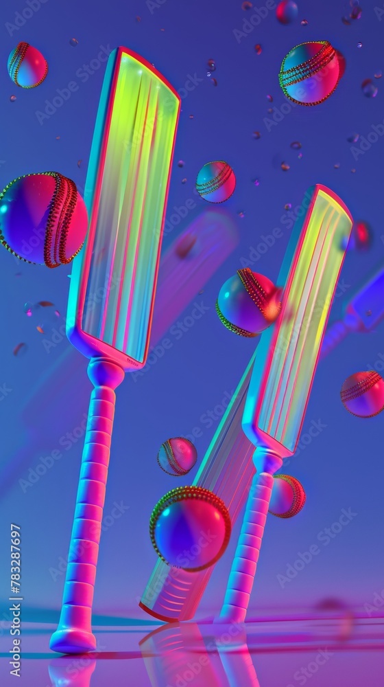 Poster cricket bats and balls in a futuristic style 3d style isolated flying objects memphis style 3d rende