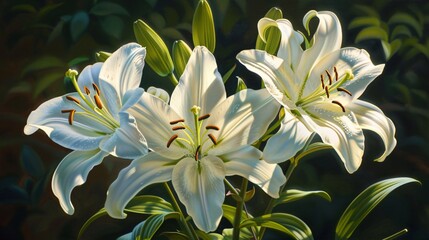 Fototapeta na wymiar An oil painting that showcases the ethereal grace of white lilies each petal a stroke of artistic mastery