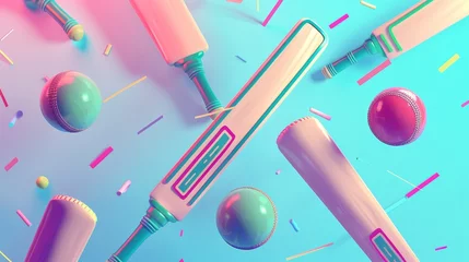 Foto op Plexiglas Cricket bats and balls in a futuristic style 3D style isolated flying objects memphis style 3D render   AI generated illustration © ArtStage