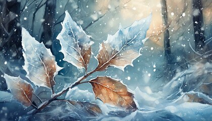 A fantastic background with fallen leaves covered in ice and a beautiful blizzard of snow. - obrazy, fototapety, plakaty