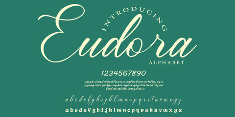 Eudora premium luxury elegant alphabet letters and numbers. Vintage wedding typography classic serif font decorative vintage retro. Creative vector illustration