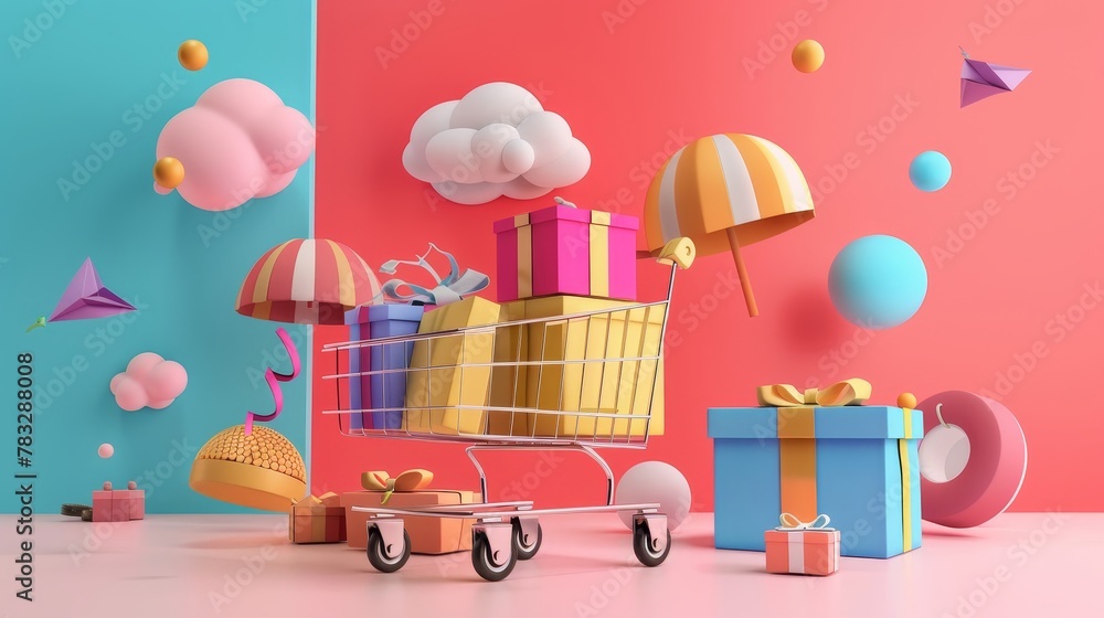 Poster discounted products in a 3d sale event 3d style isolated flying objects memphis style 3d render ai g
