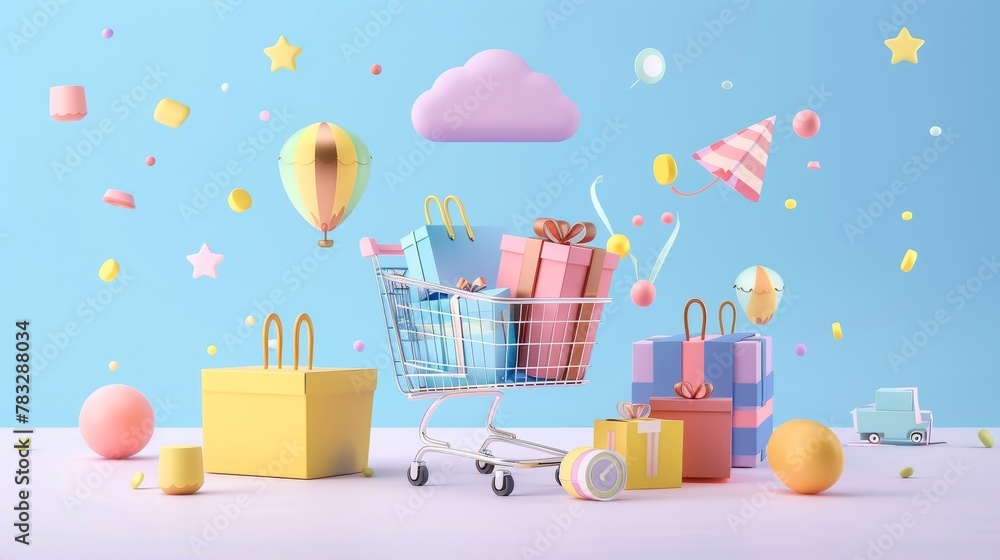 Poster Discounted products in a 3D sale event 3D style isolated flying objects memphis style 3D render   AI generated illustration