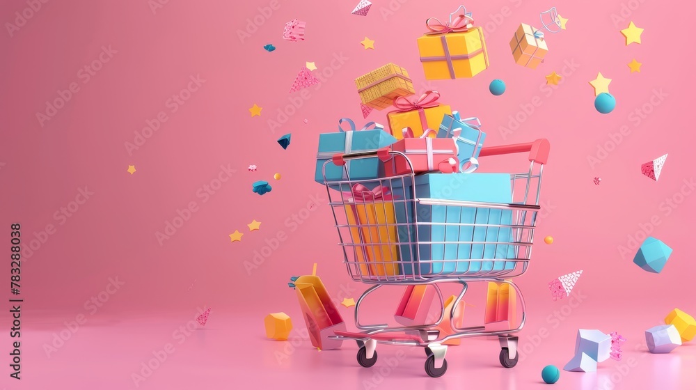Poster Discounted products in a 3D sale event 3D style isolated flying objects memphis style 3D render   AI generated illustration