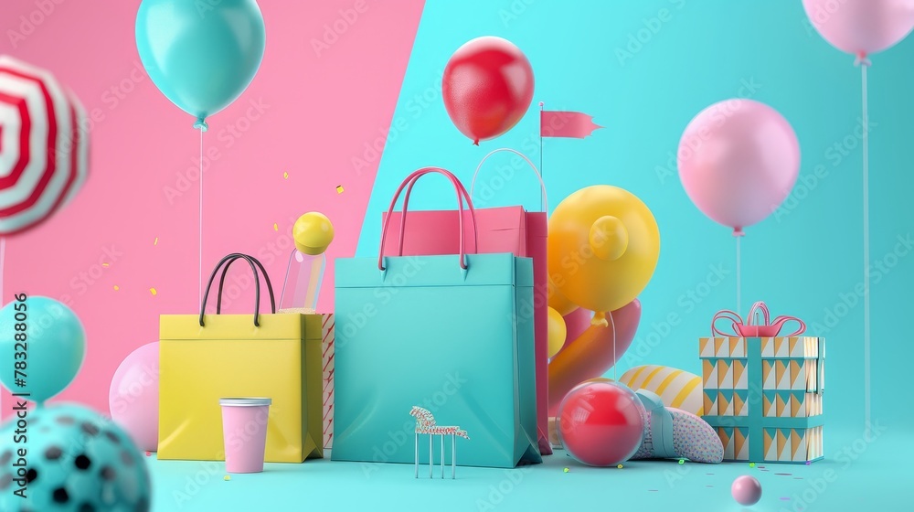 Poster Discounted products in a 3D sale event 3D style isolated flying objects memphis style 3D render  AI generated illustration