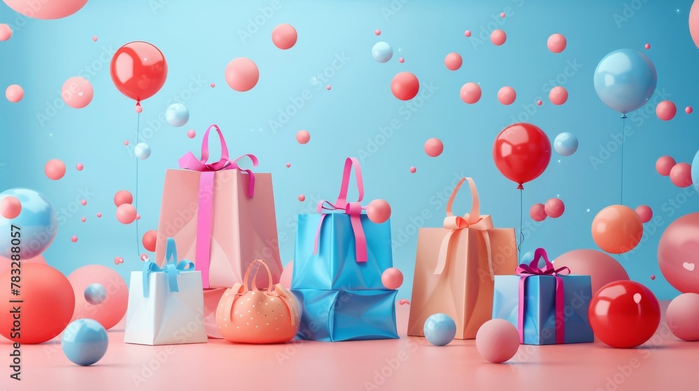 Poster Discounted products in a 3D setting 3D style isolated flying objects memphis style 3D render  AI generated illustration