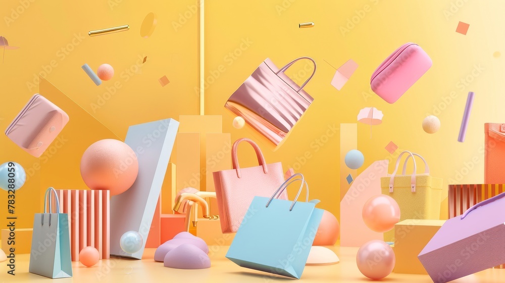 Poster discounted products in a 3d setting 3d style isolated flying objects memphis style 3d render ai gene