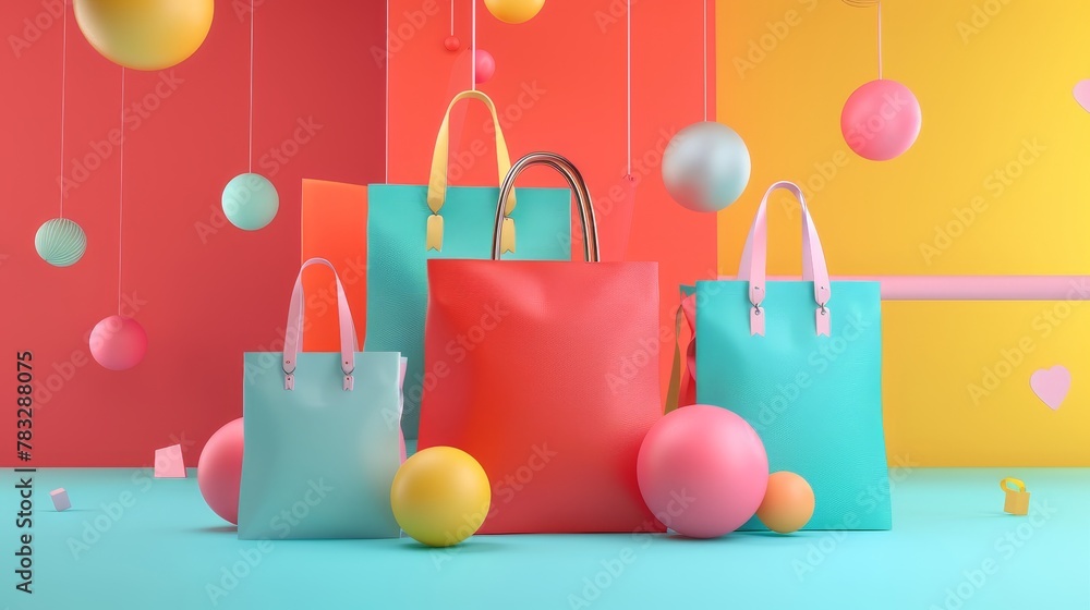 Poster discounted products in a 3d setting 3d style isolated flying objects memphis style 3d render ai gene