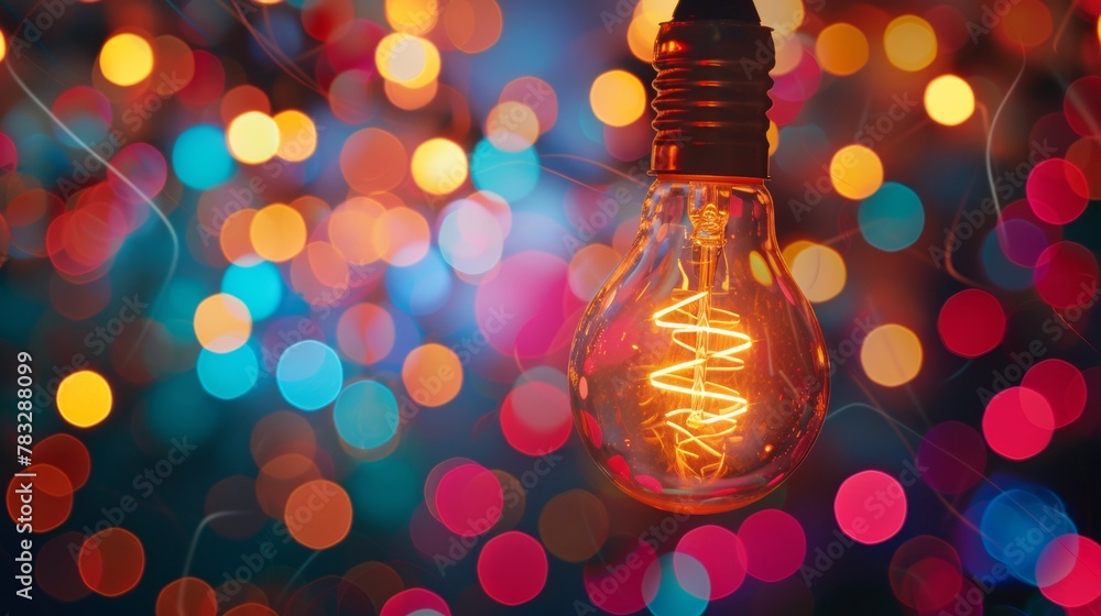 Canvas Prints A light bulb with a glowing filament in front of colorful lights, AI