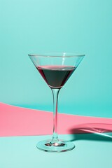 cocktail martini glass alcohol red liquid reflection retro summer party poster blue pink background photo pop art flat lay style copy space 