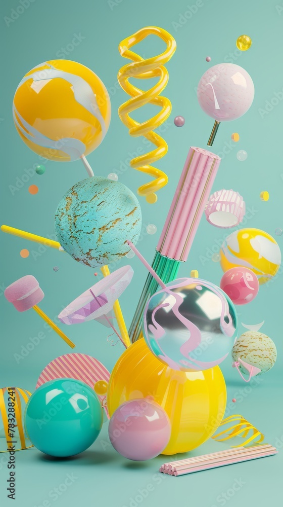 Poster dynamic 3d renderings of floating objects in a whimsical style 3d style isolated flying objects memp