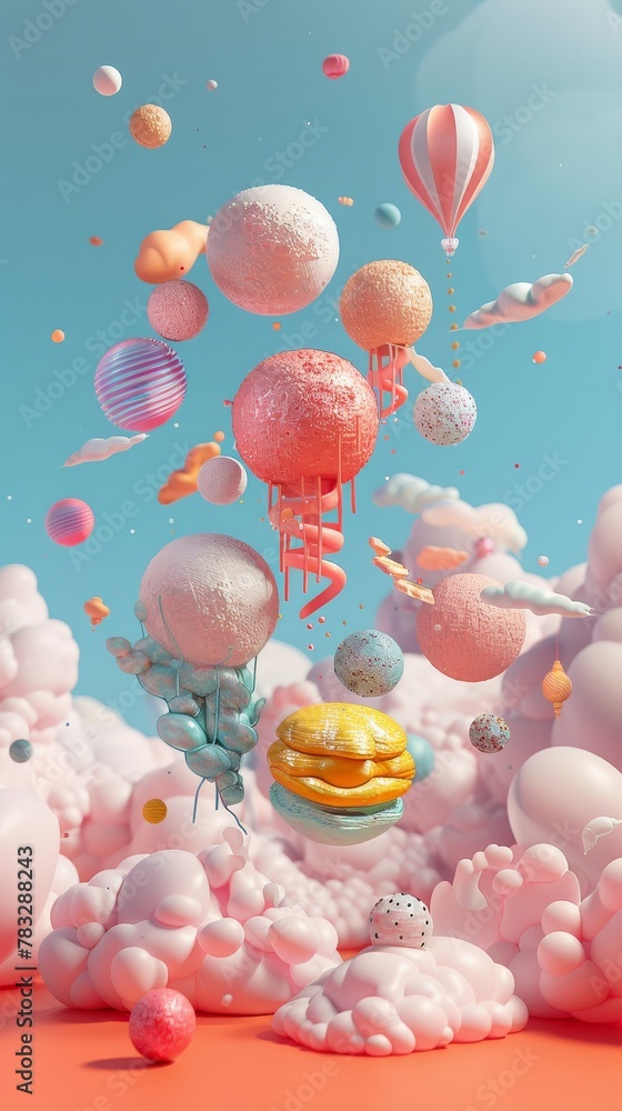 Poster Dynamic 3D renderings of floating objects in a whimsical style 3D style isolated flying objects memphis style 3D render   AI generated illustration