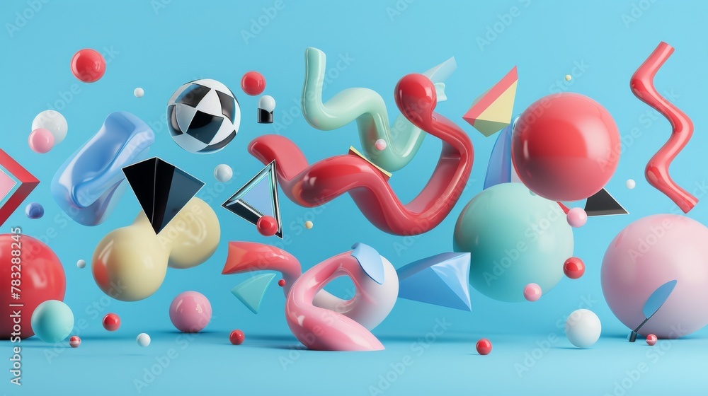 Poster Dynamic 3D renderings of whimsical floating shapes 3D style isolated flying objects memphis style 3D render   AI generated illustration