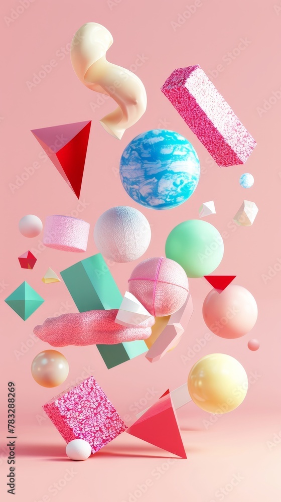 Poster Dynamic 3D renderings of whimsical floating shapes 3D style isolated flying objects memphis style 3D render   AI generated illustration