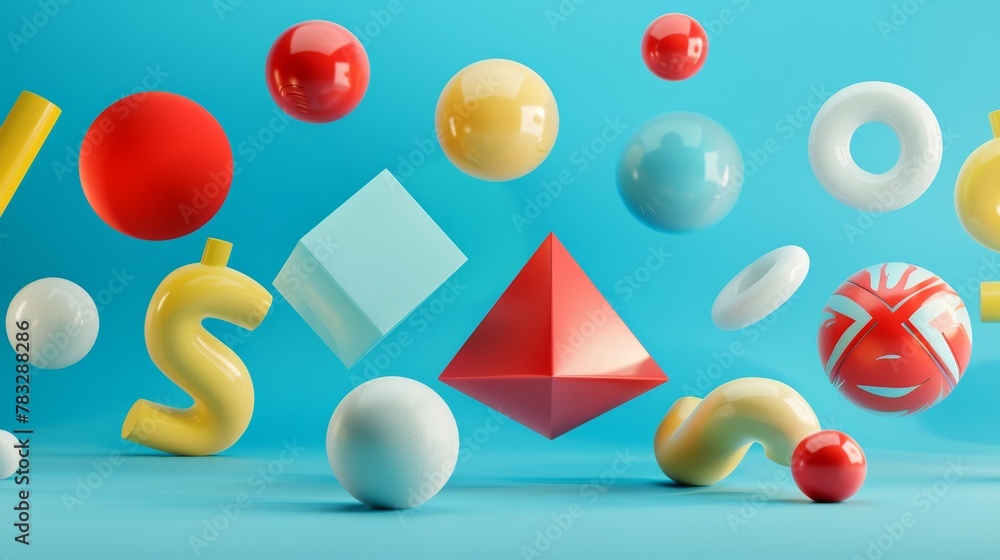 Poster dynamic 3d renderings of whimsical floating shapes 3d style isolated flying objects memphis style 3d