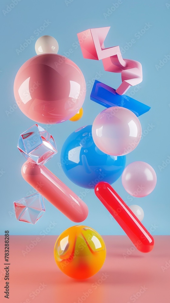 Poster dynamic 3d renderings of whimsical floating shapes 3d style isolated flying objects memphis style 3d