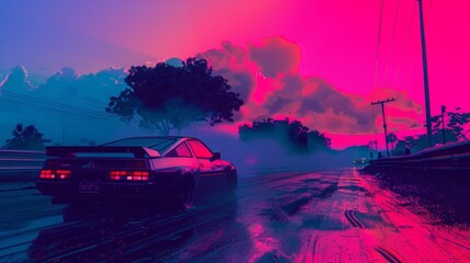 Drifting cars in a vaporwave atmosphere   AI generated illustration