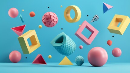 Dynamic 3D renderings of whimsical floating shapes 3D style isolated flying objects memphis style 3D render   AI generated illustration