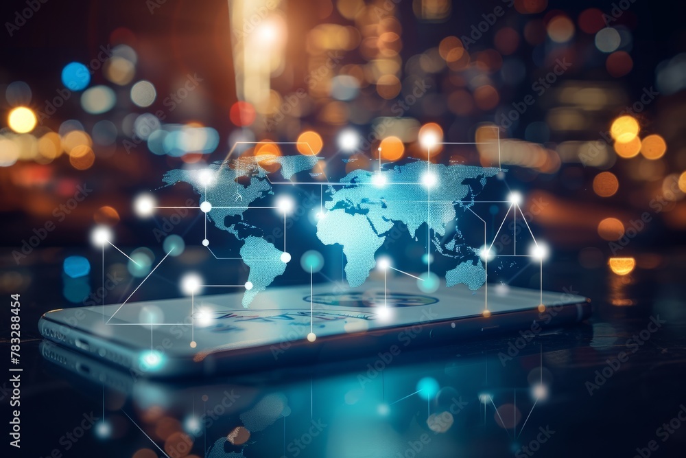 Poster business network concept with social media icons and world map on smartphone screen over blurred bac