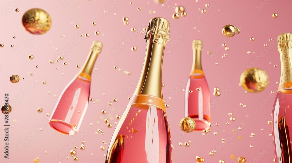 Poster elegant champagne bottles in a memphis style design 3d style isolated flying objects memphis style 3
