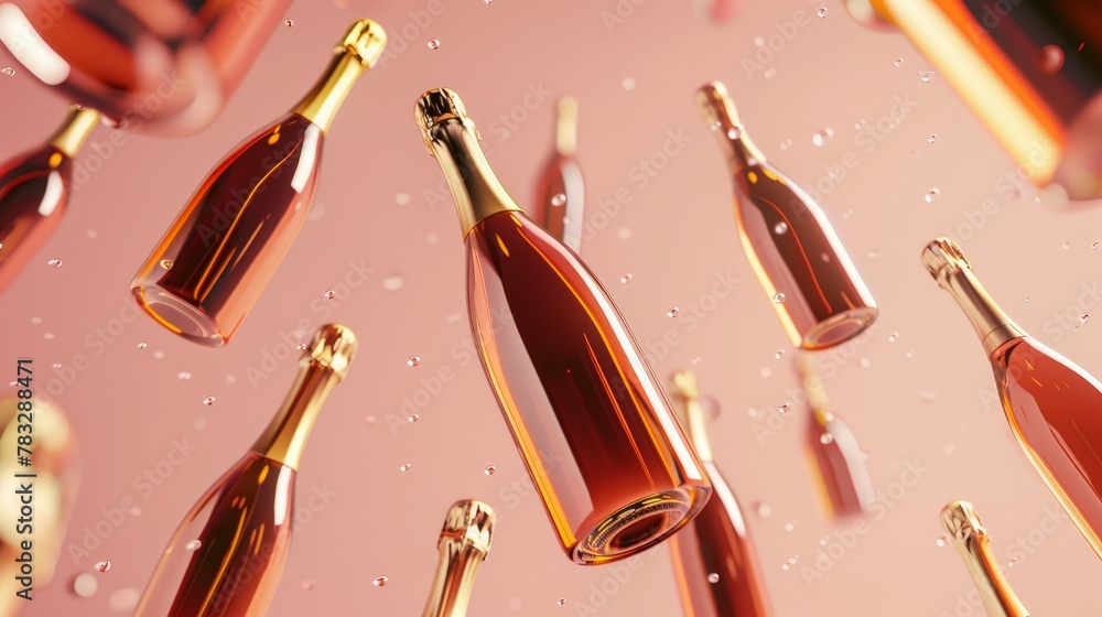 Poster elegant champagne bottles in a memphis style design 3d style isolated flying objects memphis style 3