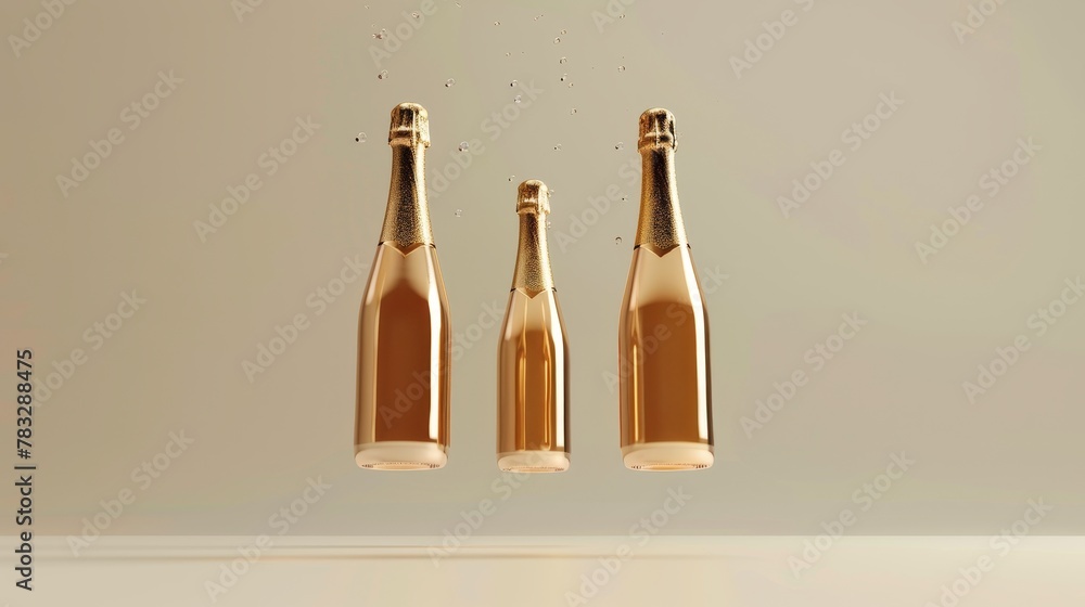 Poster elegant champagne bottles in a memphis style design 3d style isolated flying objects memphis style 3