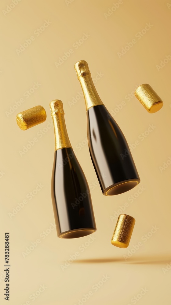 Poster elegant champagne bottles in a memphis style design 3d style isolated flying objects memphis style 3