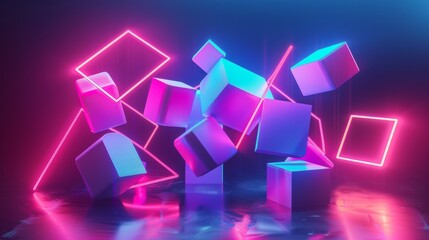 Dynamic 3D shapes illuminated by neon light 3D style isolated flying objects memphis style 3D render   AI generated illustration