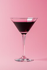 cocktail martini glass alcohol red liquid reflection retro summer party poster pink background photo pop art flat lay style copy space 