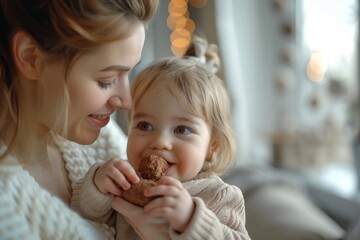 Mother and kid on Mother's Day. Mother's Day chocolates. Mother's Day different ethnicities Horizontal banking background for web.