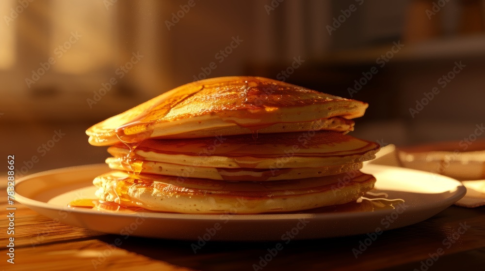 Poster enhance the texture of a floating stack of pancakes with warm soft lighting ai generated illustratio