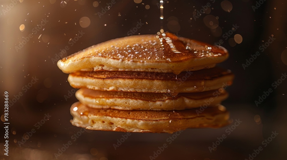 Poster enhance the texture of a floating stack of pancakes with warm soft lighting ai generated illustratio