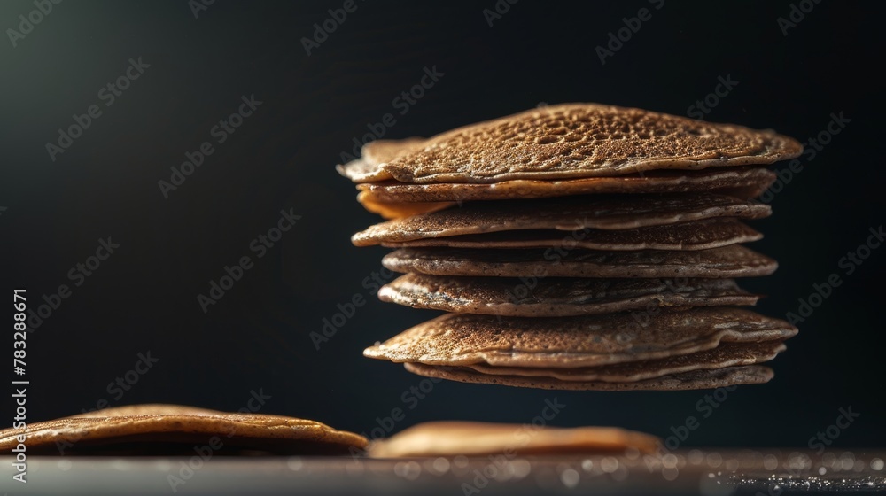 Poster enhance the texture of a floating stack of pancakes with warm soft lighting ai generated illustratio