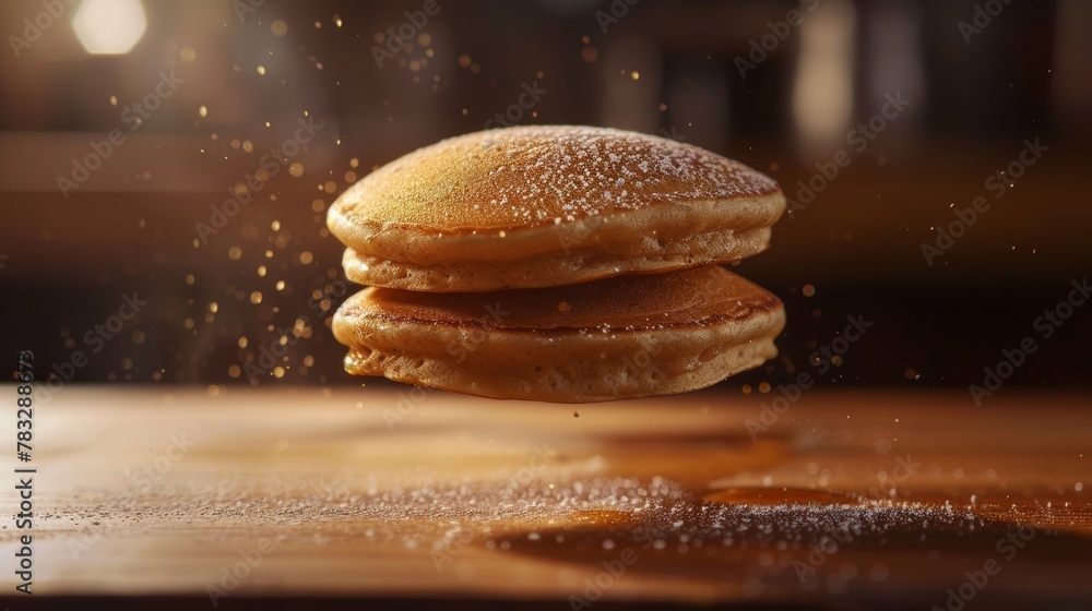 Poster enhance the texture of a floating stack of pancakes with warm soft lighting ai generated illustratio