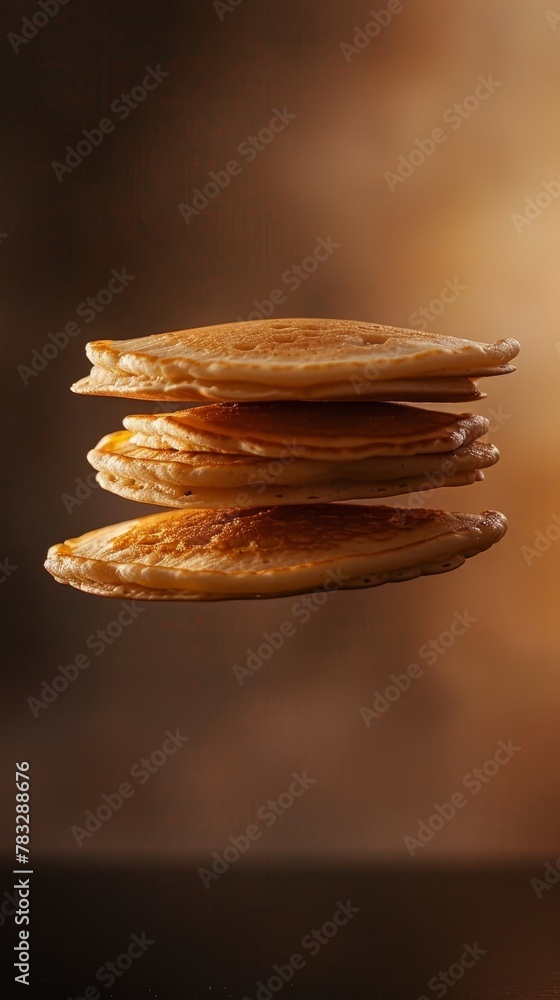 Poster enhance the texture of a floating stack of pancakes with warm soft lighting ai generated illustratio