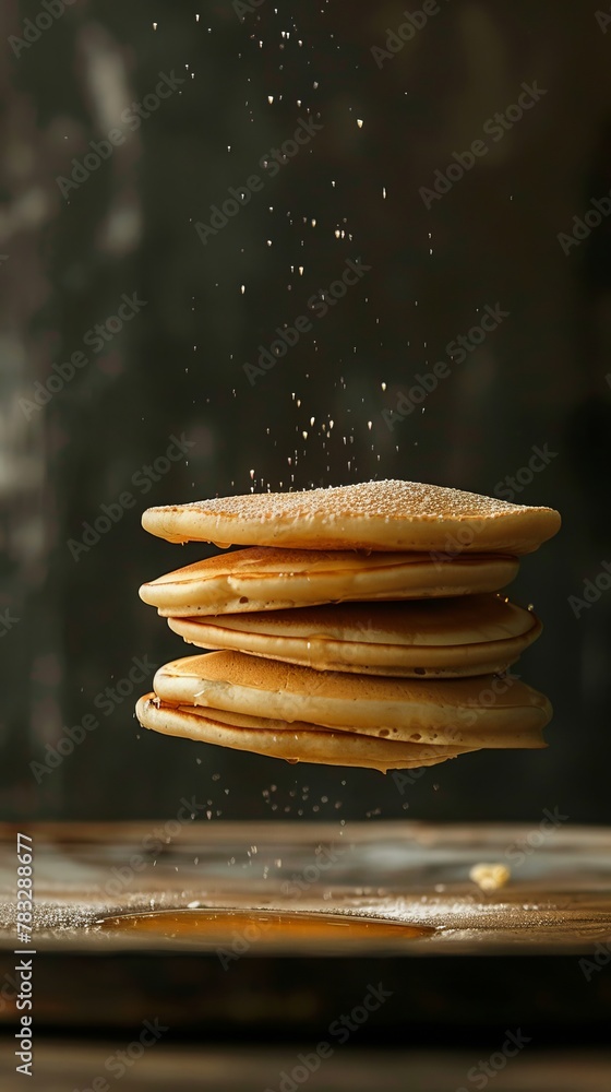 Poster enhance the texture of a floating stack of pancakes with warm soft lighting ai generated illustratio