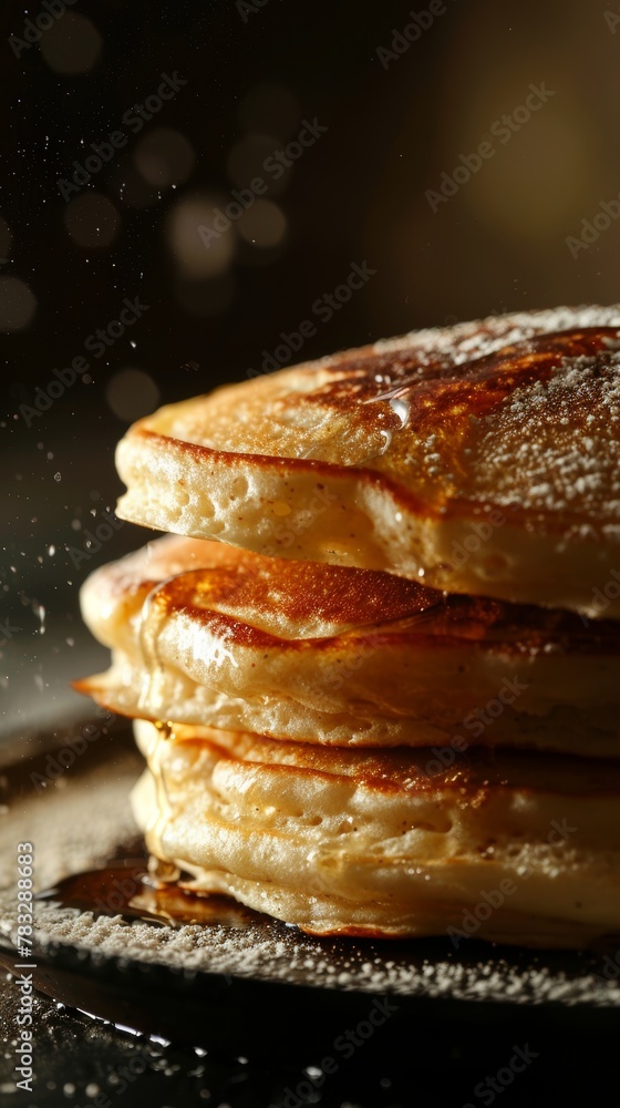 Poster enhance the texture of a floating stack of pancakes with warm soft lighting ai generated illustratio