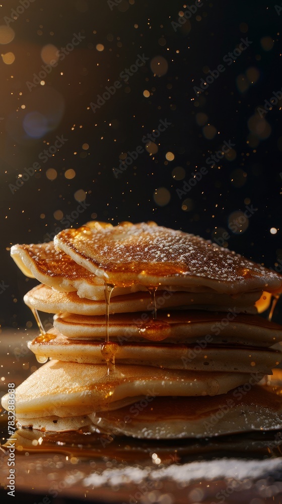 Poster enhance the texture of a floating stack of pancakes with warm soft lighting ai generated illustratio