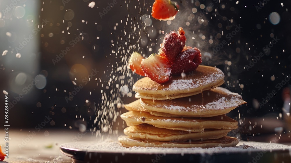 Poster enhance the texture of a flying stack of pancakes with a touch of cinematic magic ai generated illus