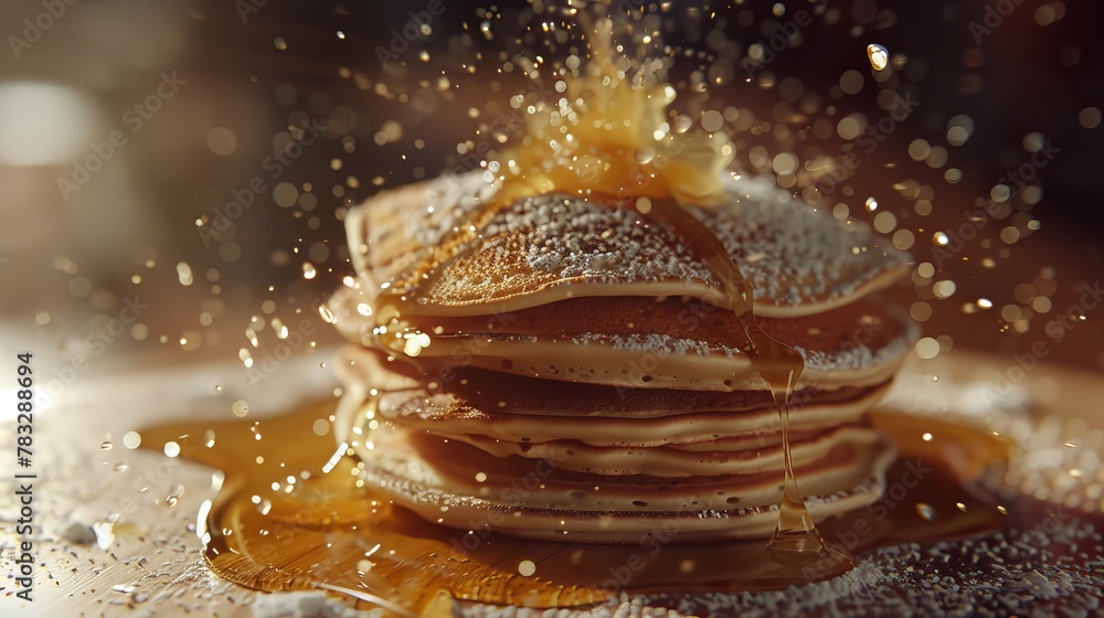 Poster enhance the texture of a flying stack of pancakes with a touch of cinematic magic ai generated illus