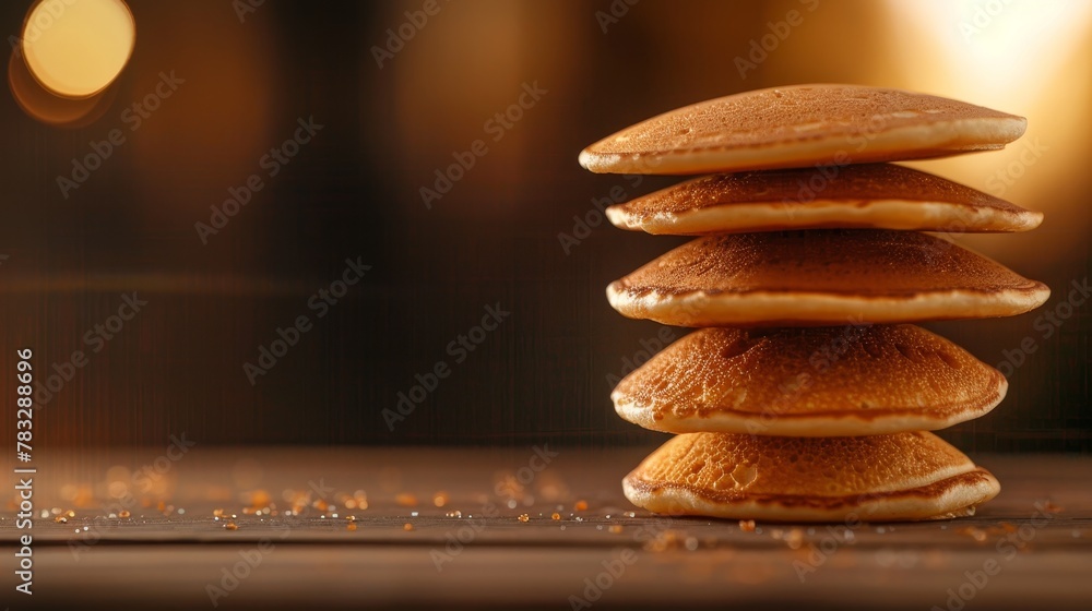 Poster Enhance the texture of a floating stack of pancakes with warm soft lighting   AI generated illustration