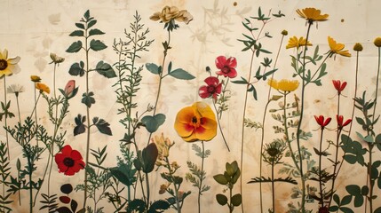 Vintage botanical collage featuring pressed flowers, leaves, and botanical illustrations